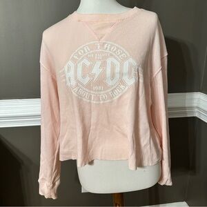Ladies AC/DC cropped waffle knit style long sleeve crop top in pale baby pink XL